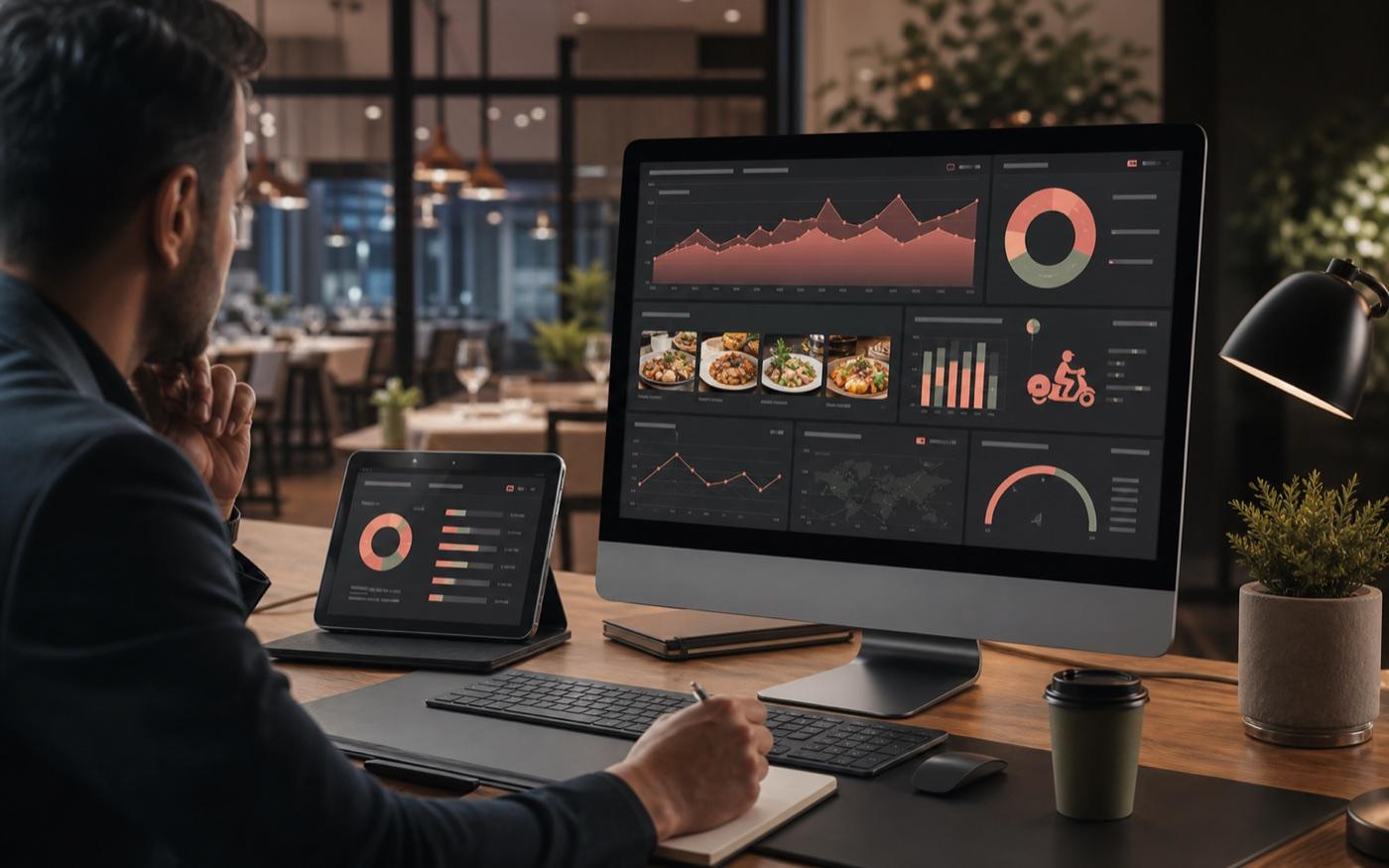 Gestor analisando relatórios de vendas e desempenho do restaurante